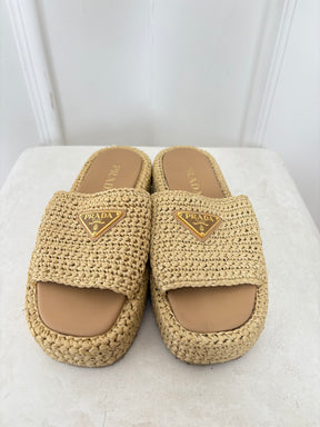 Prada Natural Crochet Platform slides, 36