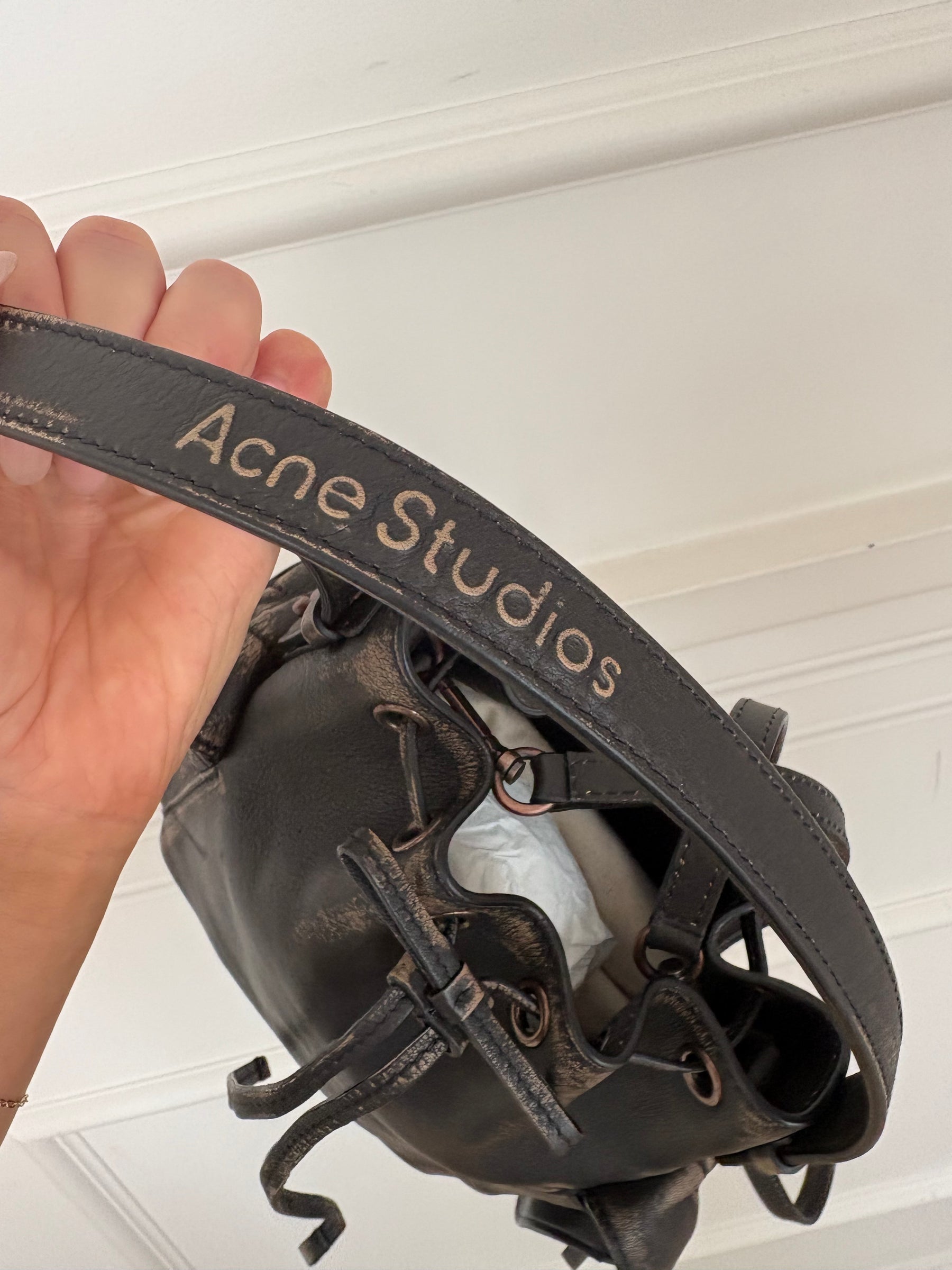 Acne Studios Brown Distressed Leather Multi Pocket Mini Bucket Bag