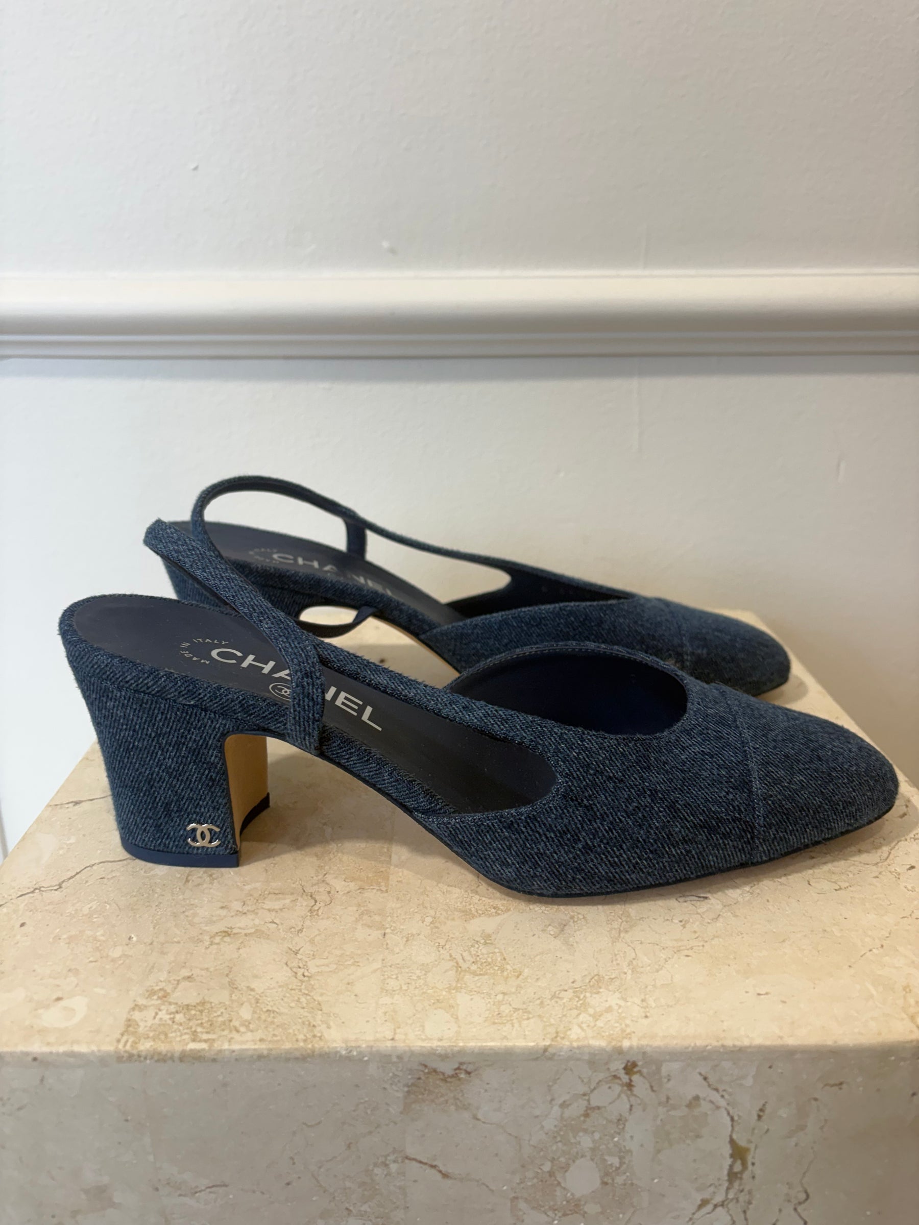 Chanel Blue Denim Heeled Slingbacks, 39.5C