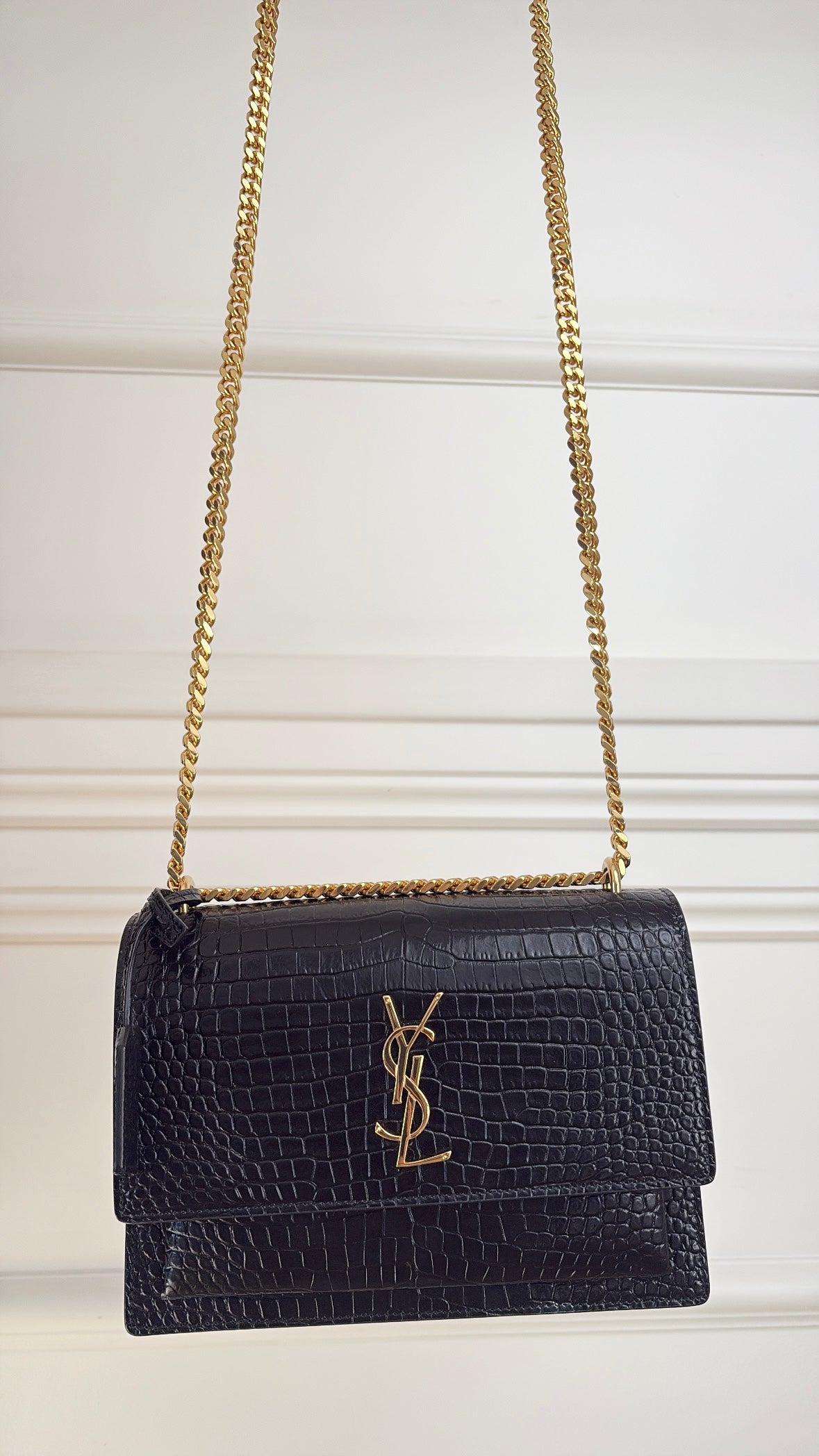 Saint Laurent Black Croc Embossed Sunset Bag