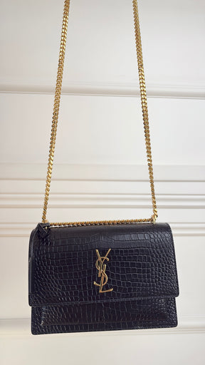 Saint Laurent Black Croc Embossed Sunset Bag