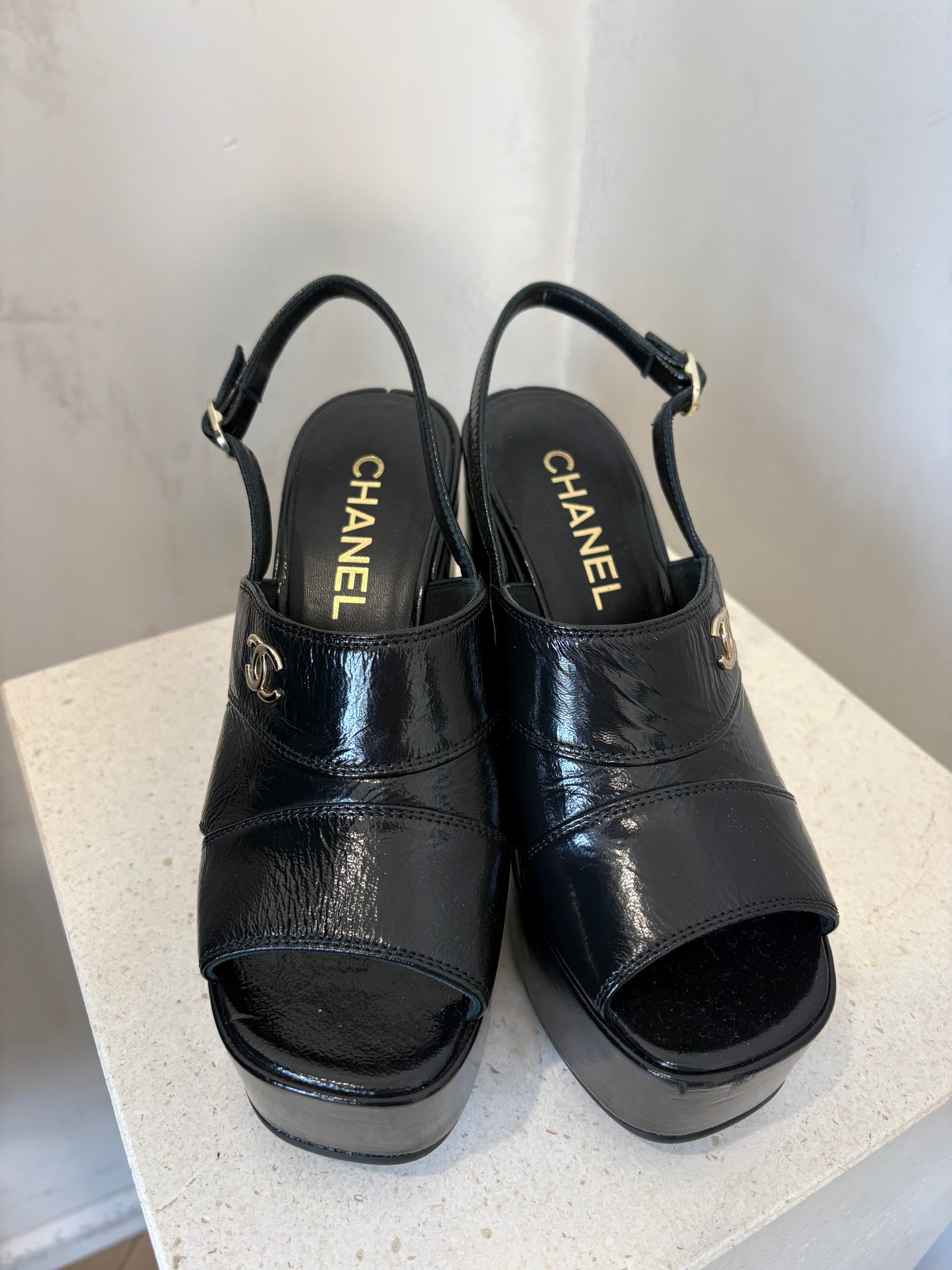 Chanel Crumpled Patent Lambskin Platform Sandals, 36C