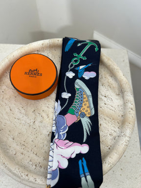 Hermès Black Multi Circus print Silk Twilly