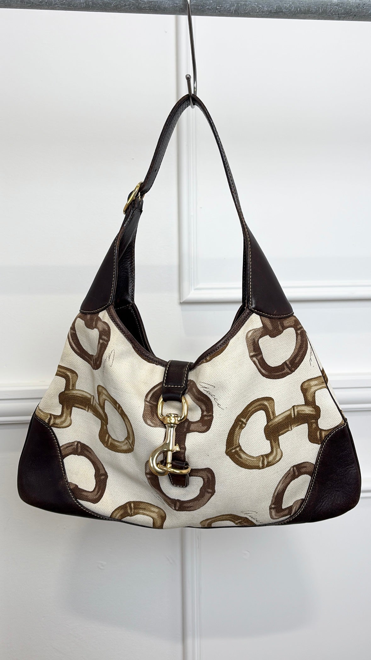 Gucci Dark Brown Leather and Canvas Horsebit Print Jackie