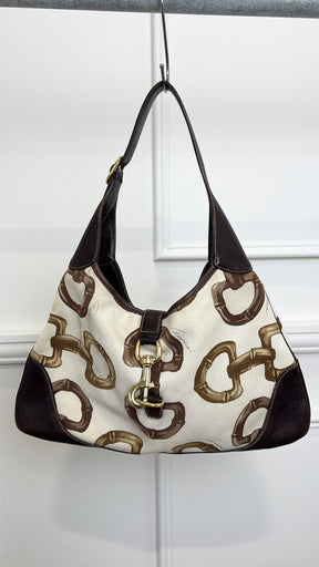 Gucci Dark Brown Leather and Canvas Horsebit Print Jackie