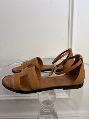 Hermès Tan Leather Embroidered Santorini Sandals, 37