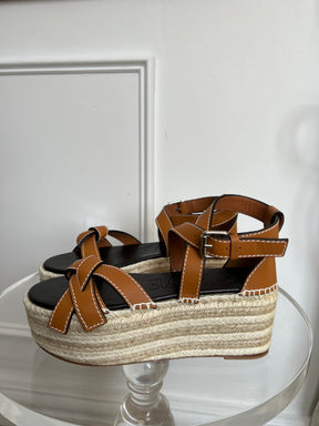 Loewe Tan Leather Gate Wedge Espadrille Sandals, 41