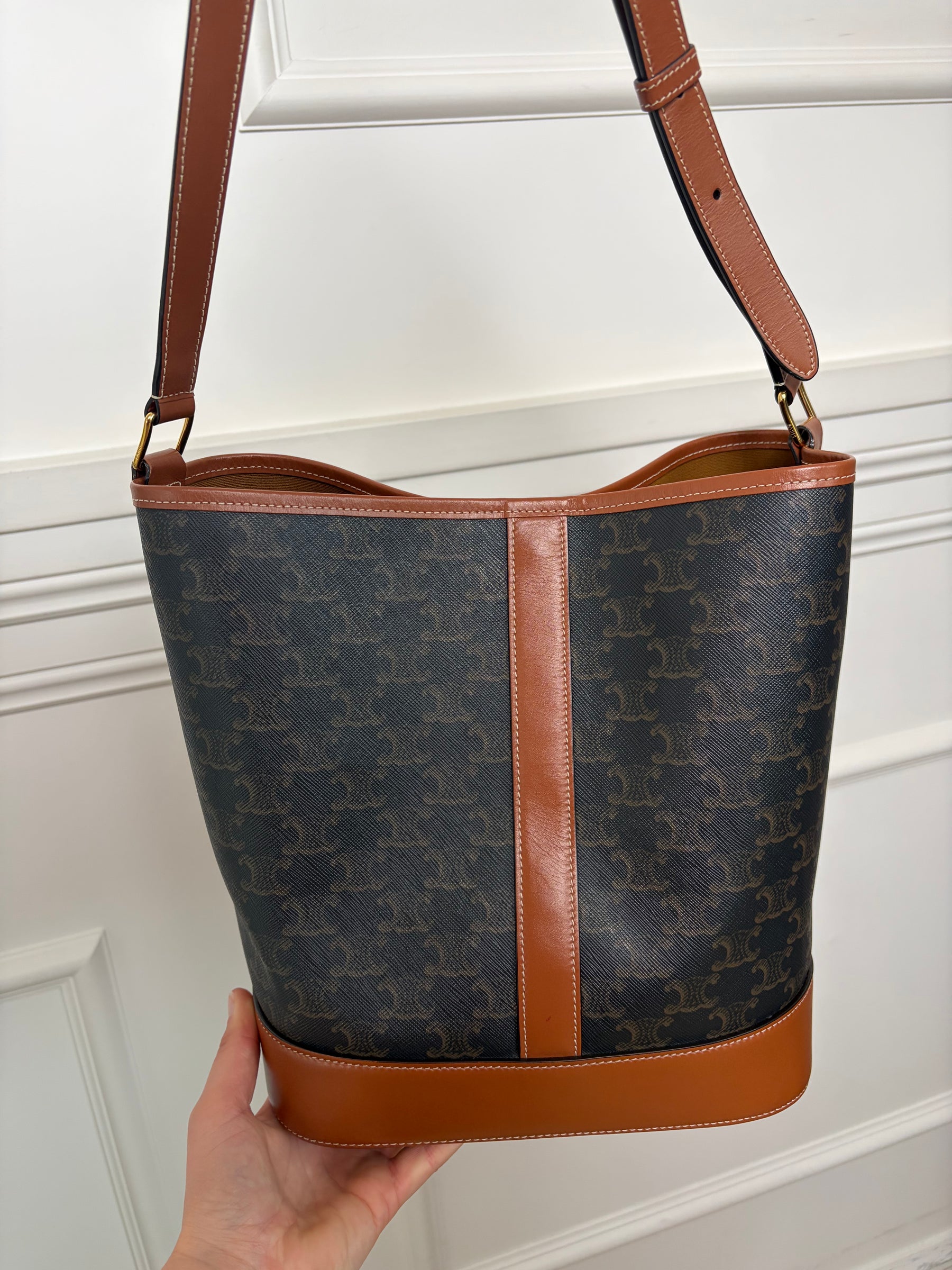Celine Medium Bucket Bag in Triomphe Canvas and Tan Calfskin