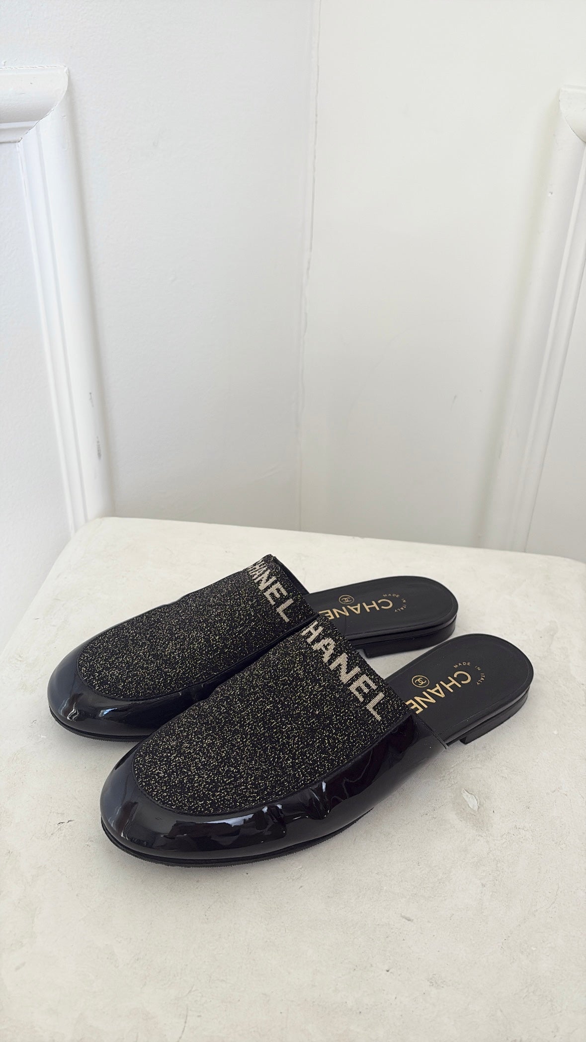 Chanel Black Patent and Knit Lurex Logo Mules, 39 C