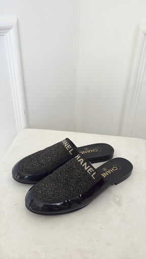Chanel Black Patent and Knit Lurex Logo Mules, 39 C