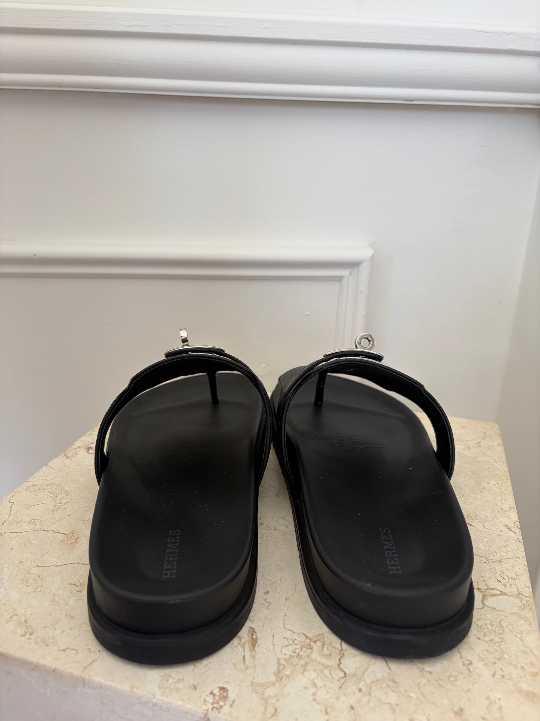 Hermès Black Leather Empire Sandals, 41