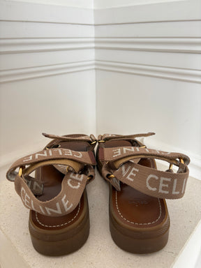 Celine Leo Strappy Sandal With Celine Jacquared Light Beige White, 38