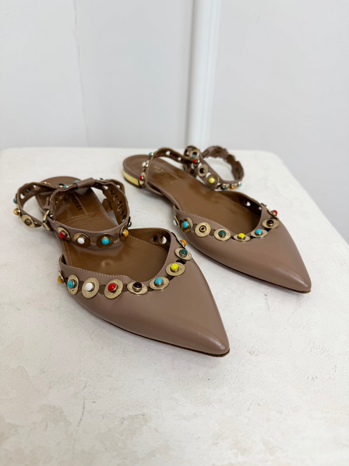 Aquazzura Beige Leather Multi Colour Studded Ankle Wrap Flats, 36