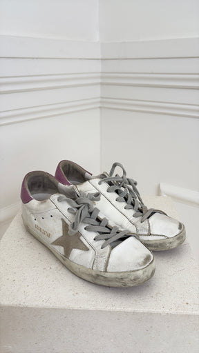Golden Goose White and Purple Superstar Sneakers, 37