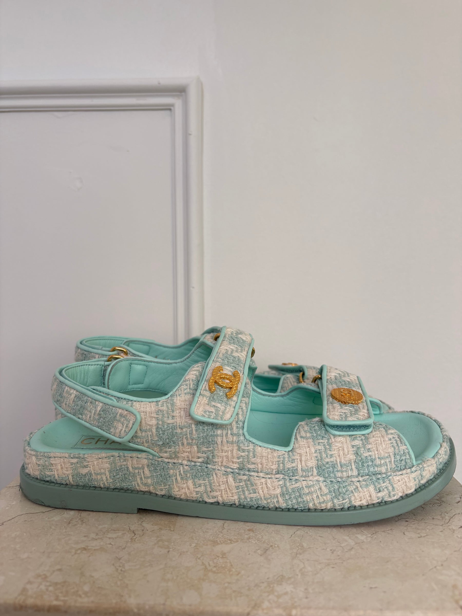 Chanel Mint and White Tweed Dad Sandals, 39.5C