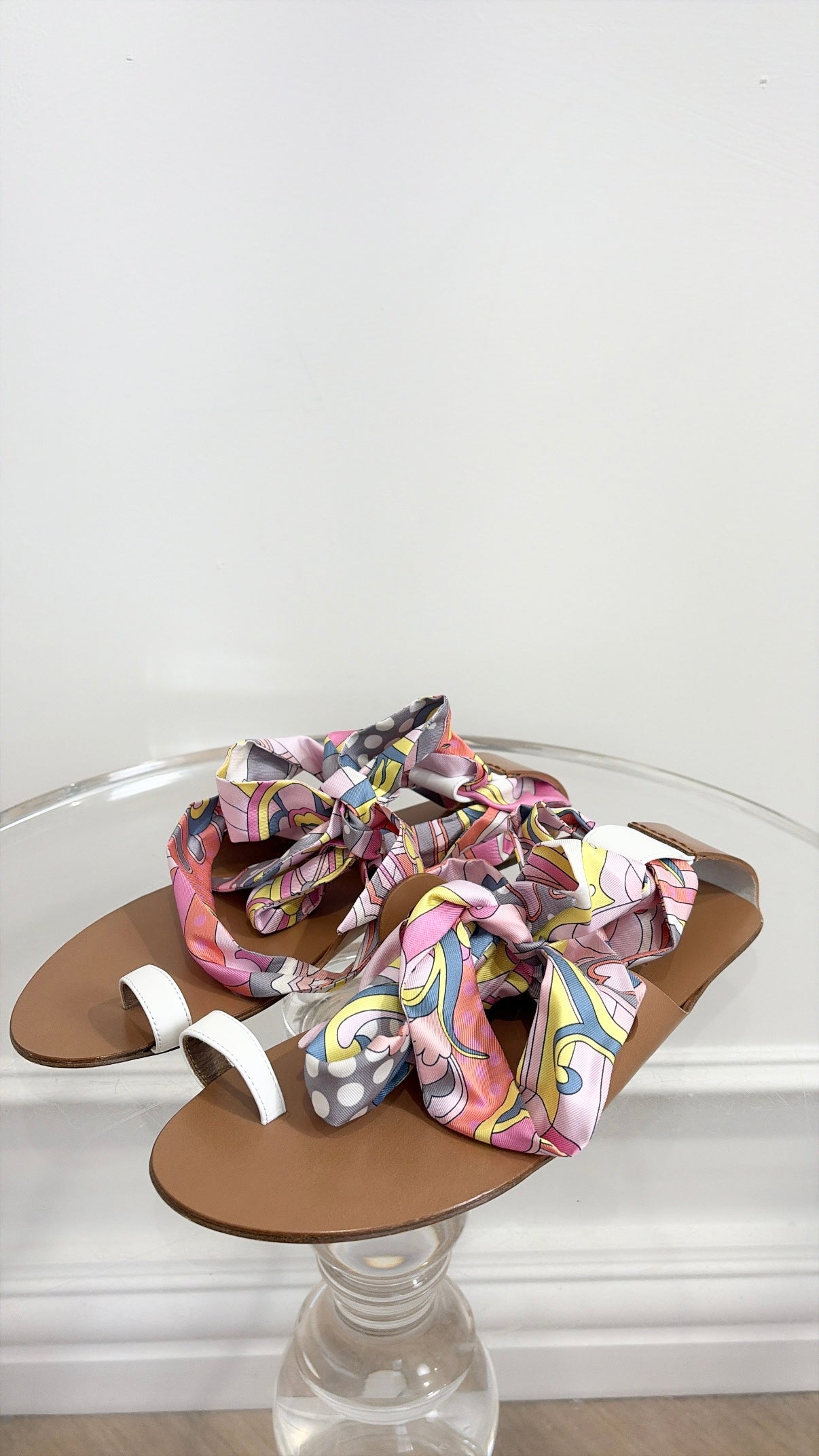 Hermès Tan Leather and Silk Lace Up Sandals, 38