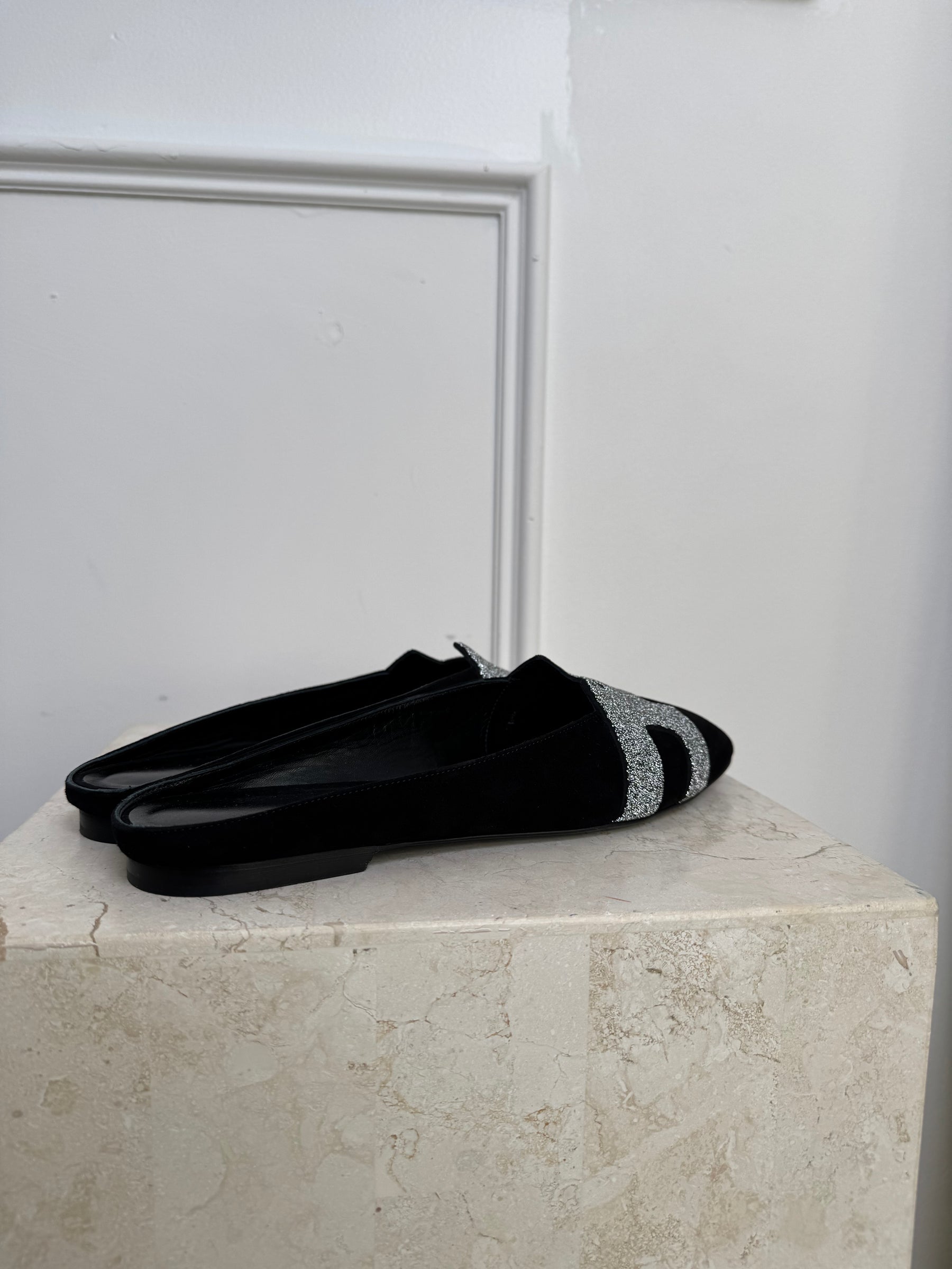 Hermès Black Suede and Glitter Roxanne Mules