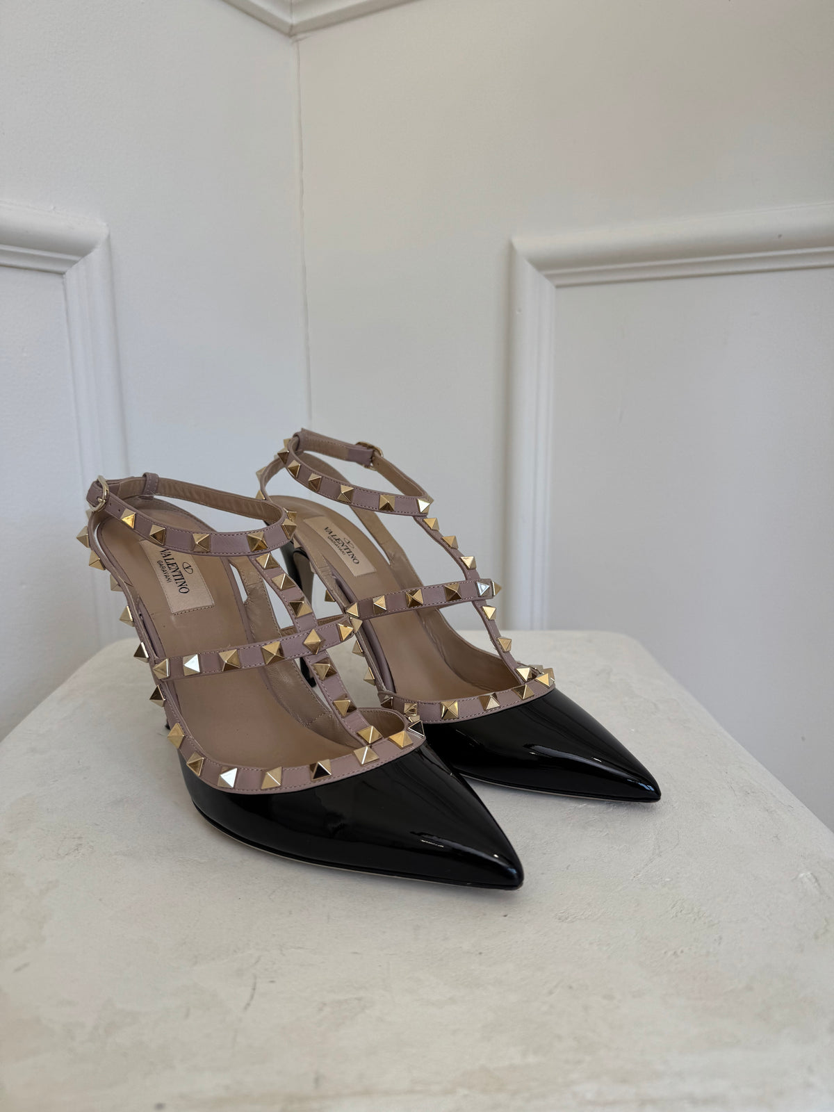 Valentino Garavani Black Patent and Beige Leather Caged Pumps, 40.5
