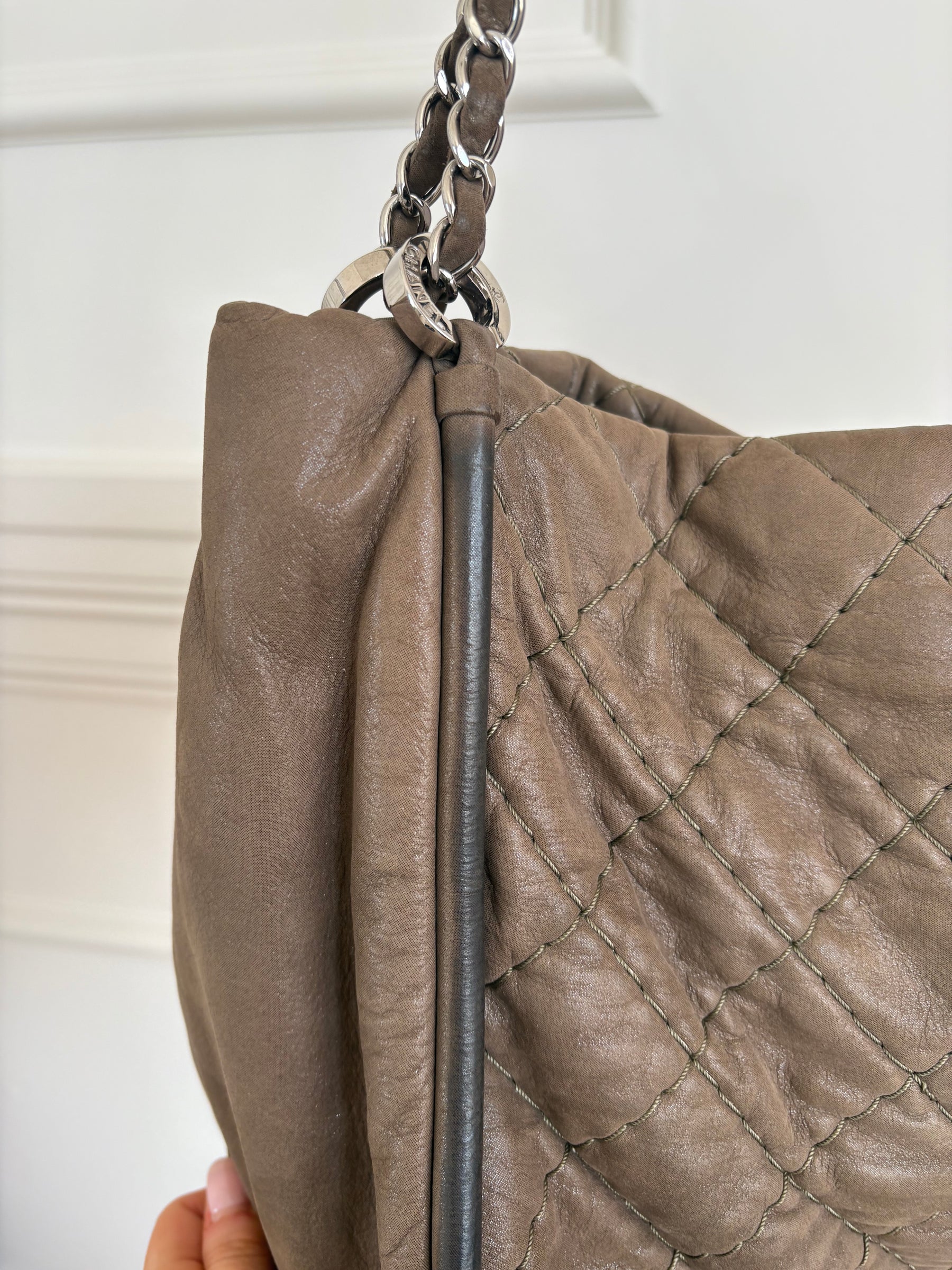 Chanel Taupe Coated Quilted Shoulder Tote