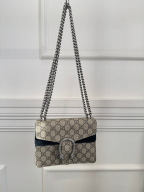 Gucci Taupe and Black Suede Monogram Small Dionysus Bag