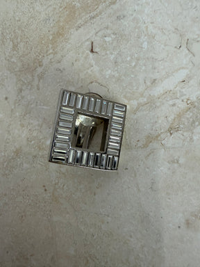 Saint Laurent Silver Crystal Square Clip on Earrings