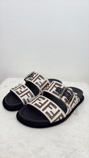 Fendi Brown and Cream Leather Feel Slides, 36