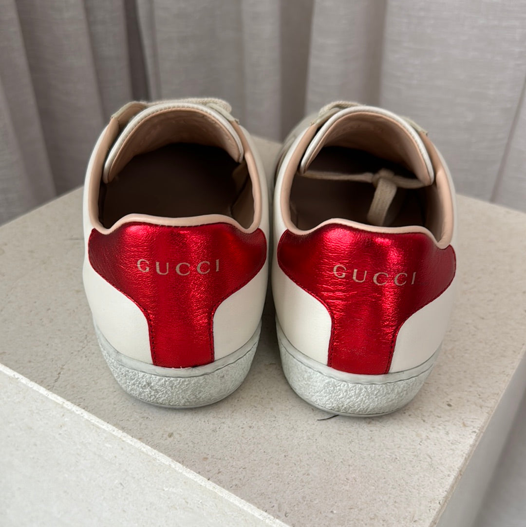 Gucci Cream Red Leather Ace Low Top Sneakers, 38