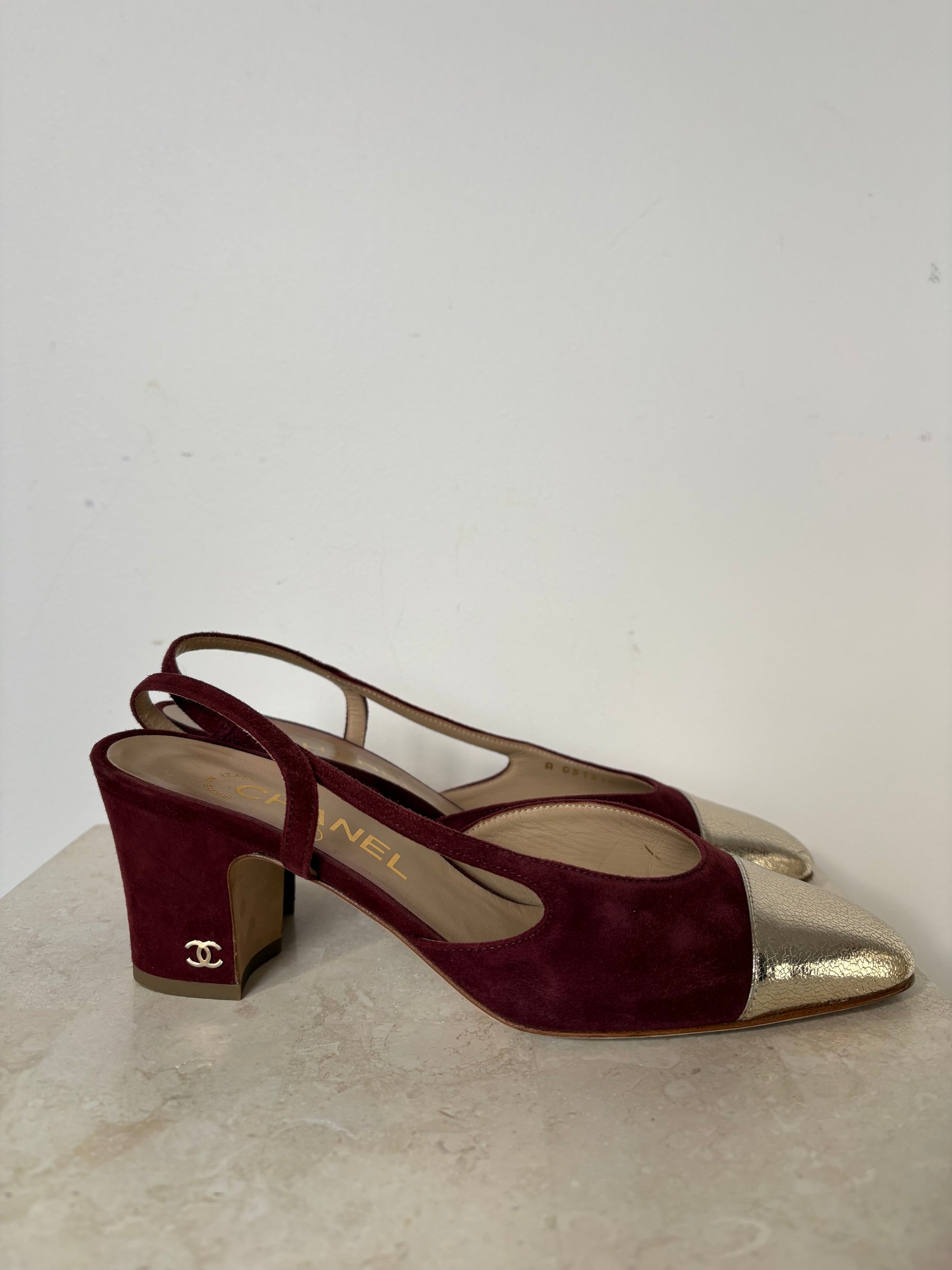 Chanel Burgundy Suede and Champagne Cap Slingbacks, 36 C