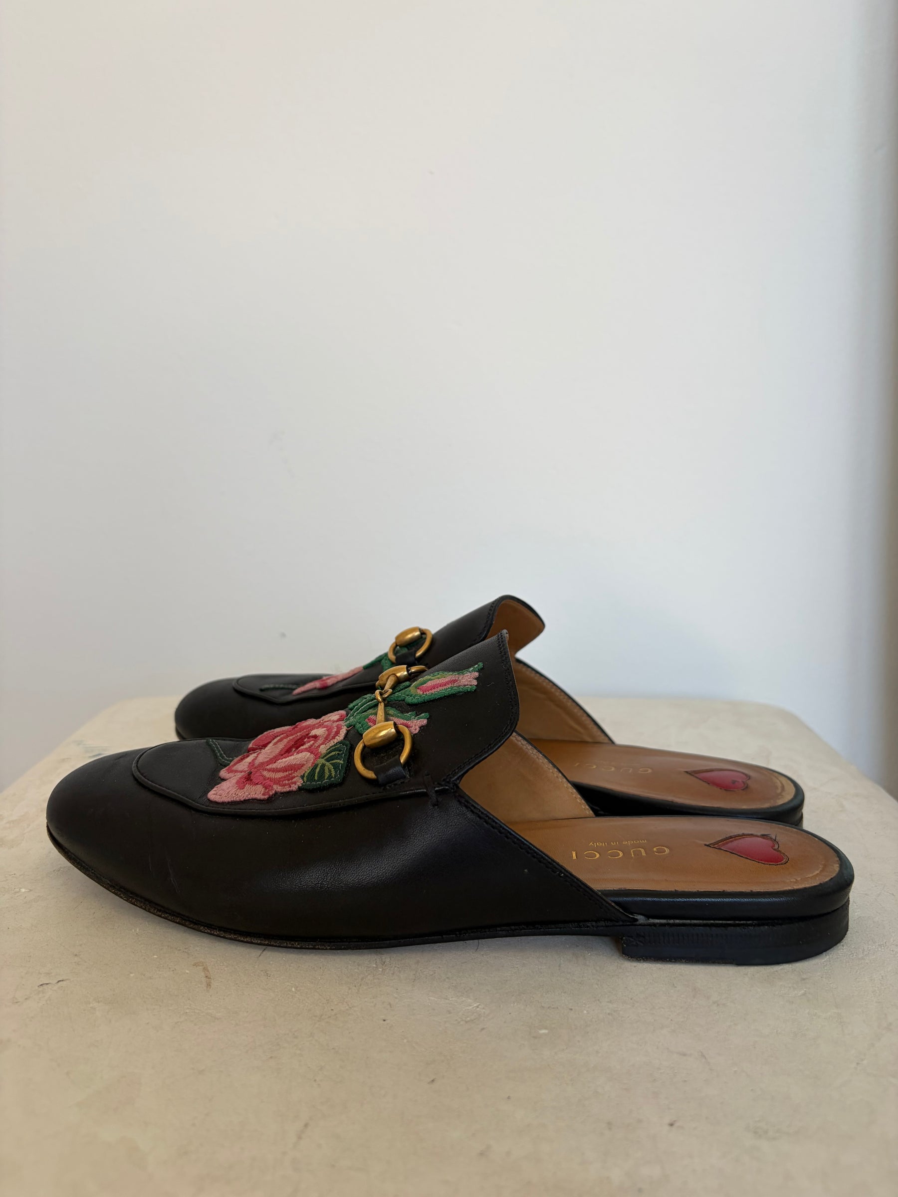 Gucci Embroidered Princetown Mules Black And Pink, 38.5
