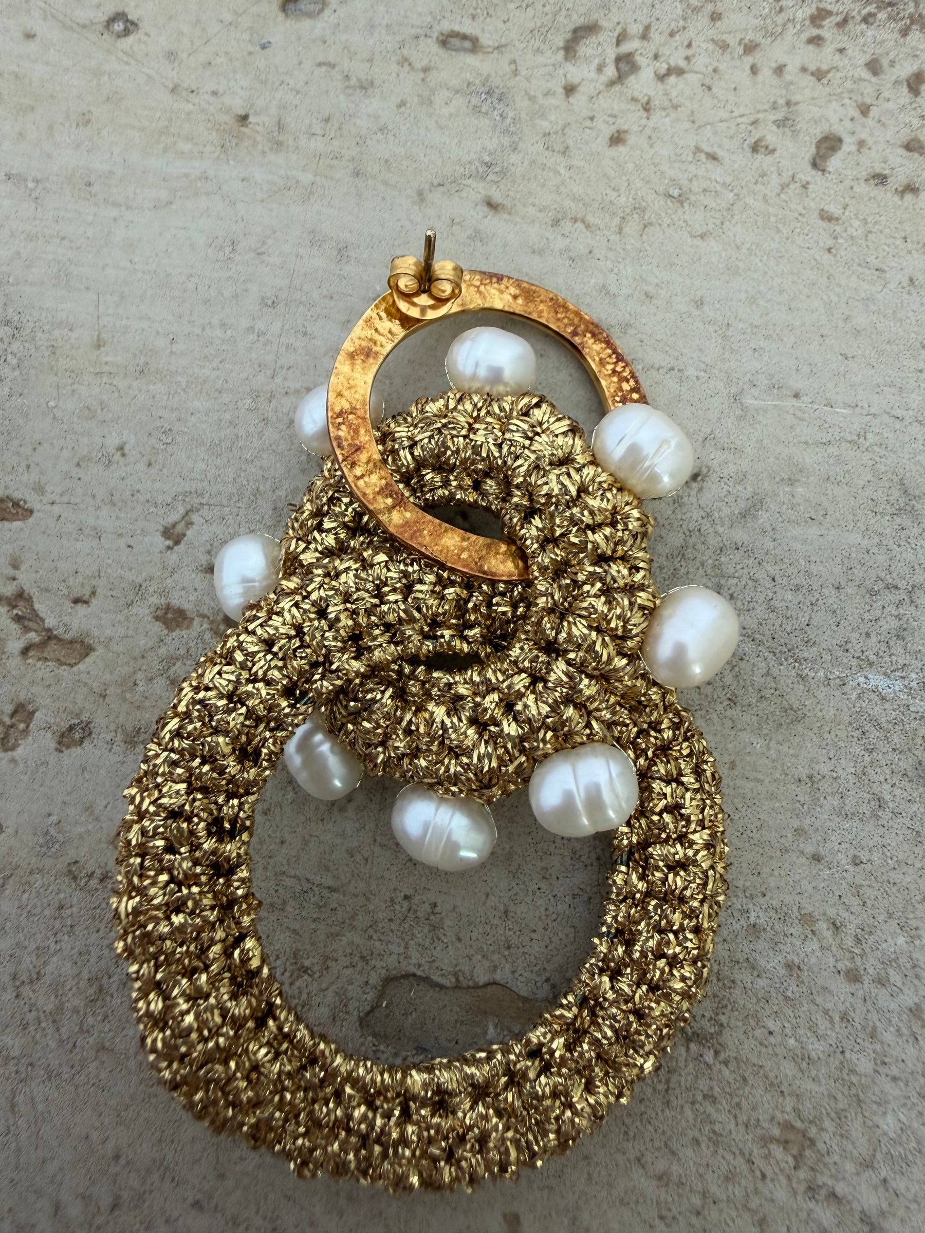 Lucy Folk Gold Metallic Crochet Hoop and Pearl Earrings