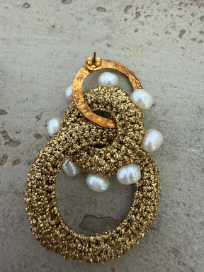 Lucy Folk Gold Metallic Crochet Hoop and Pearl Earrings