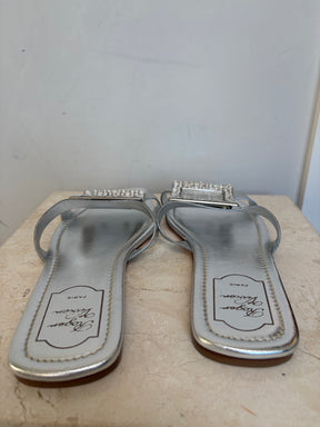 Roger Vivier Silver Leather and Crystal Slides, 40