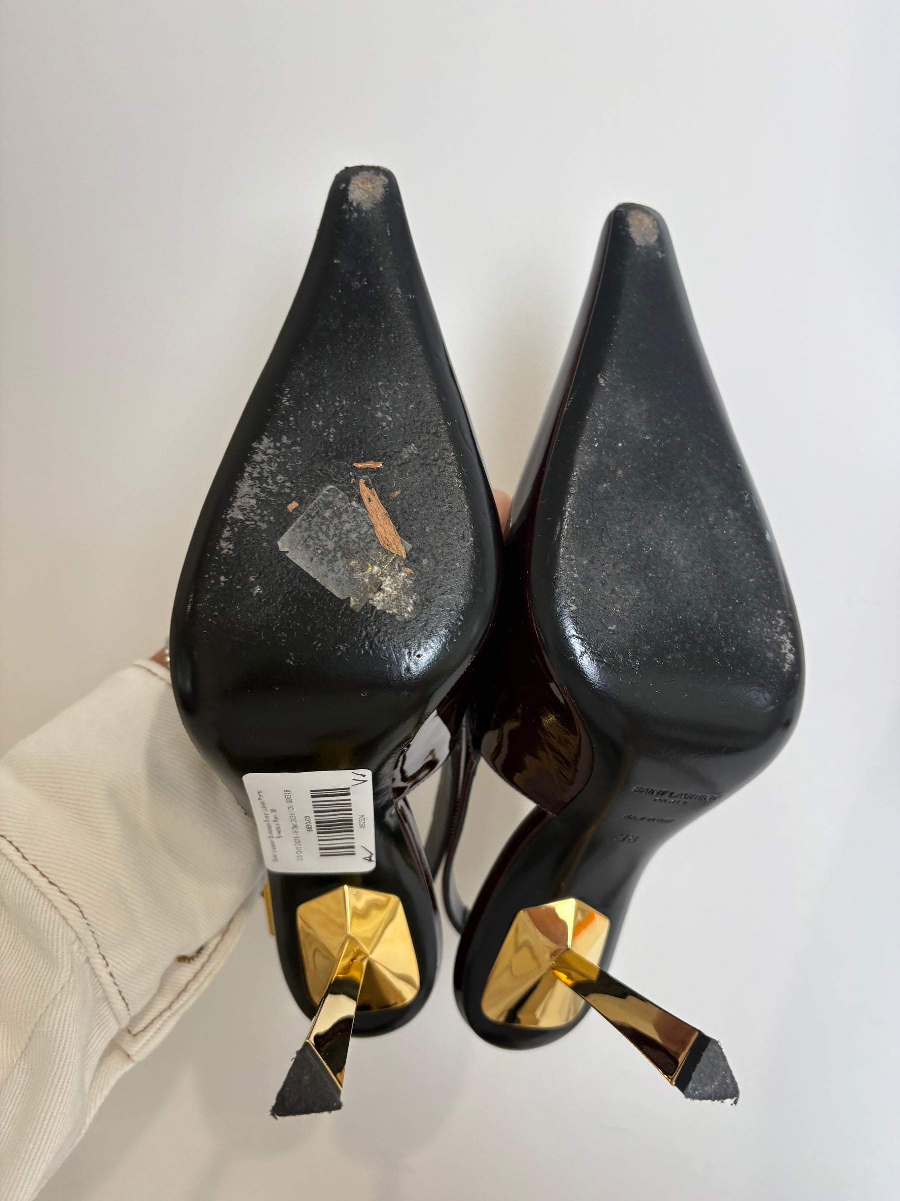 Saint Laurent Burgundy Patent Leather Pointed Slingback Pump, 38