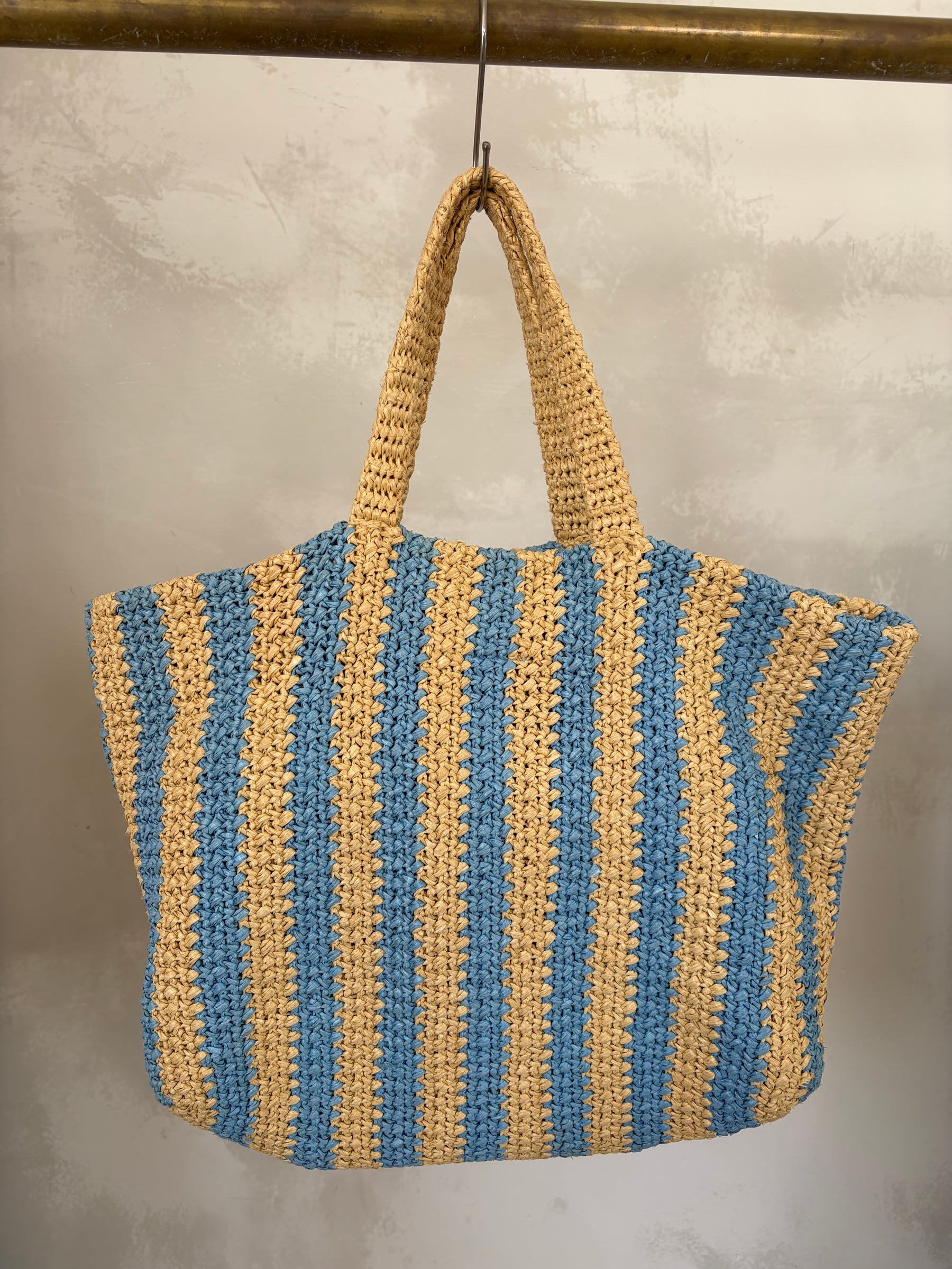 Prada Natural and Blue Raffia Logo Tote
