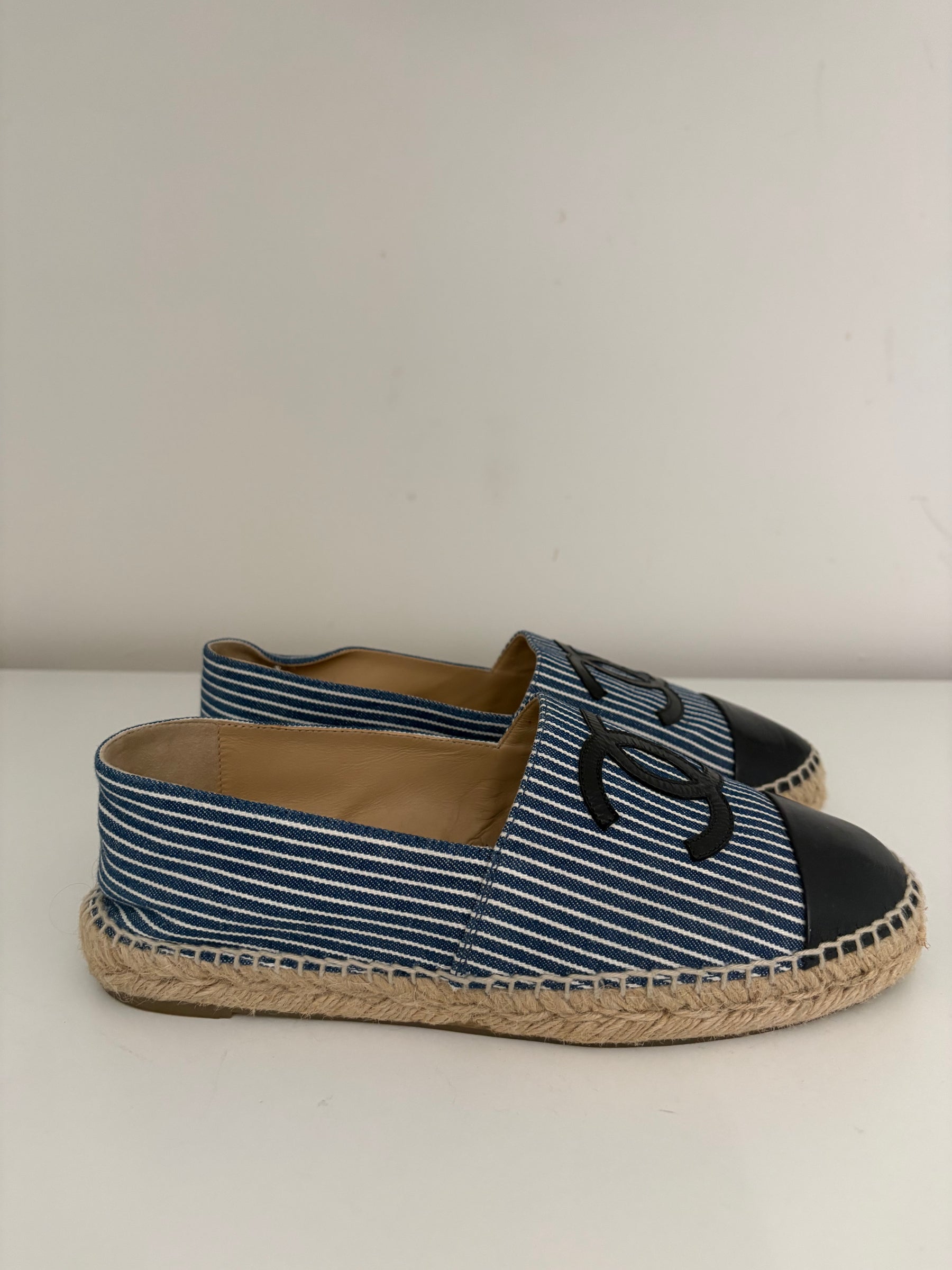 Chanel Blue and White Canvas Striped Logo Espadrilles, 39