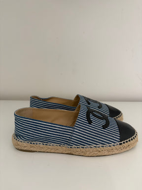 Chanel Blue and White Canvas Striped Logo Espadrilles, 39