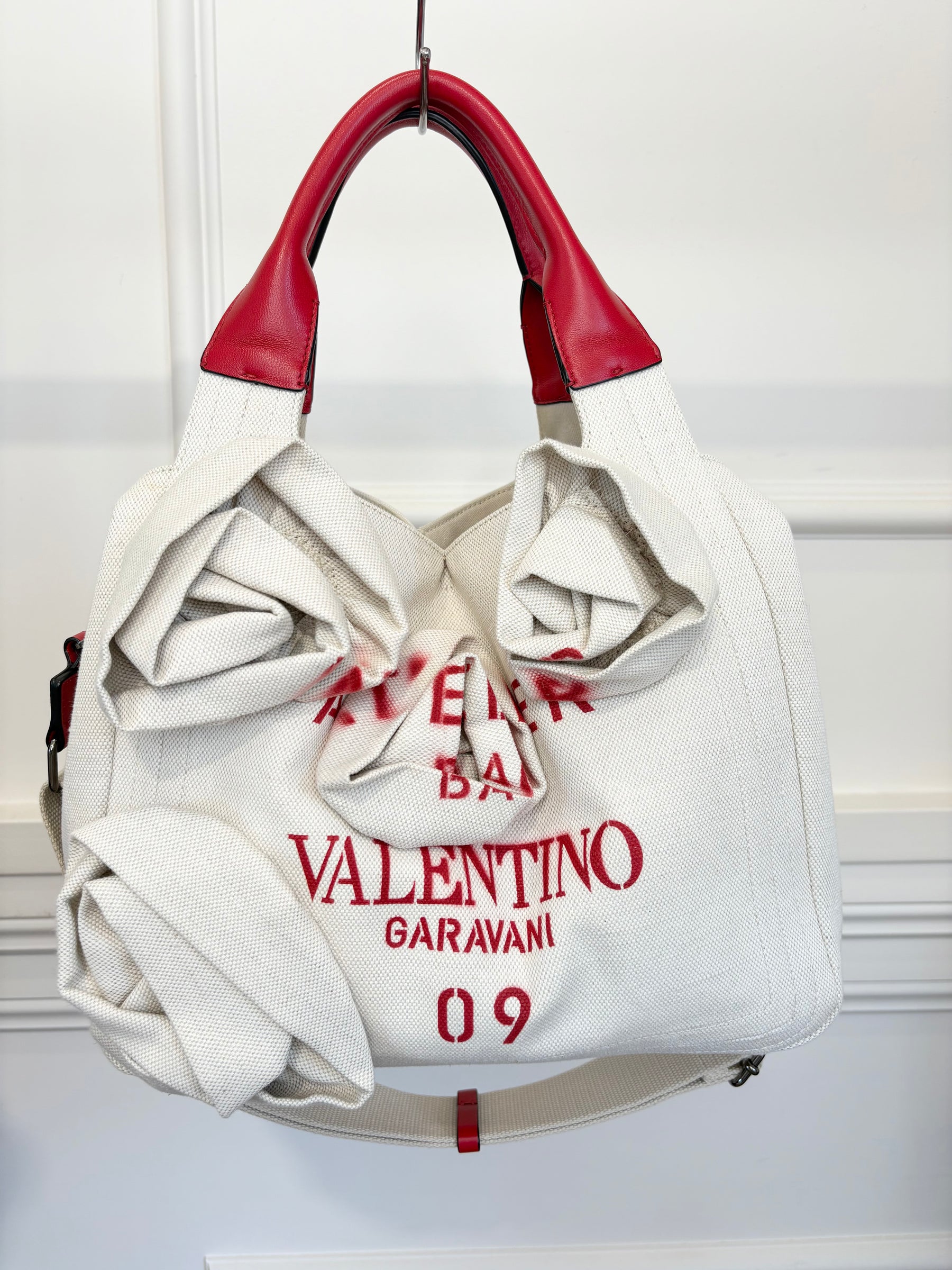 Valentino Garavani Canvas and Red Leather Rose 'Atelier' Tote, S