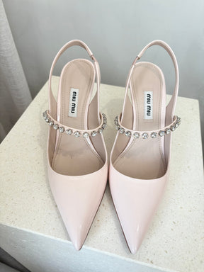 Miu Miu Crystal Embellished Leather Slingback Pumps In Gemma Patent Leather, 35.5