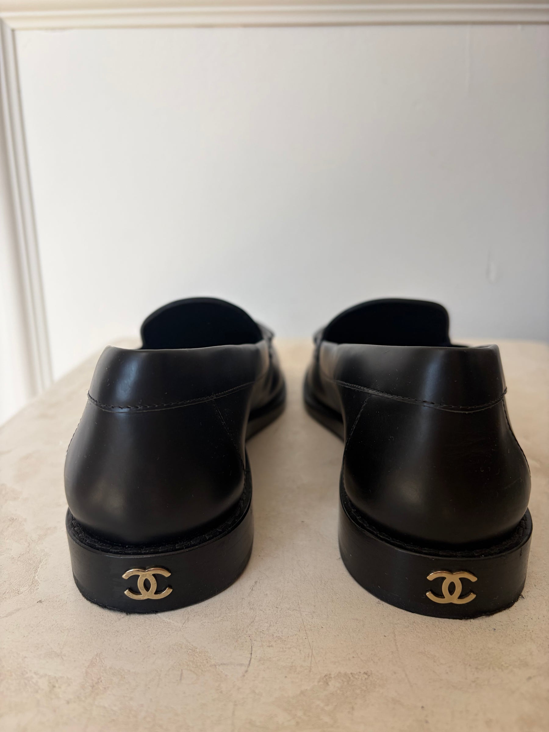 Chanel Black Leather Crystal Logo Loafer, 36.5C