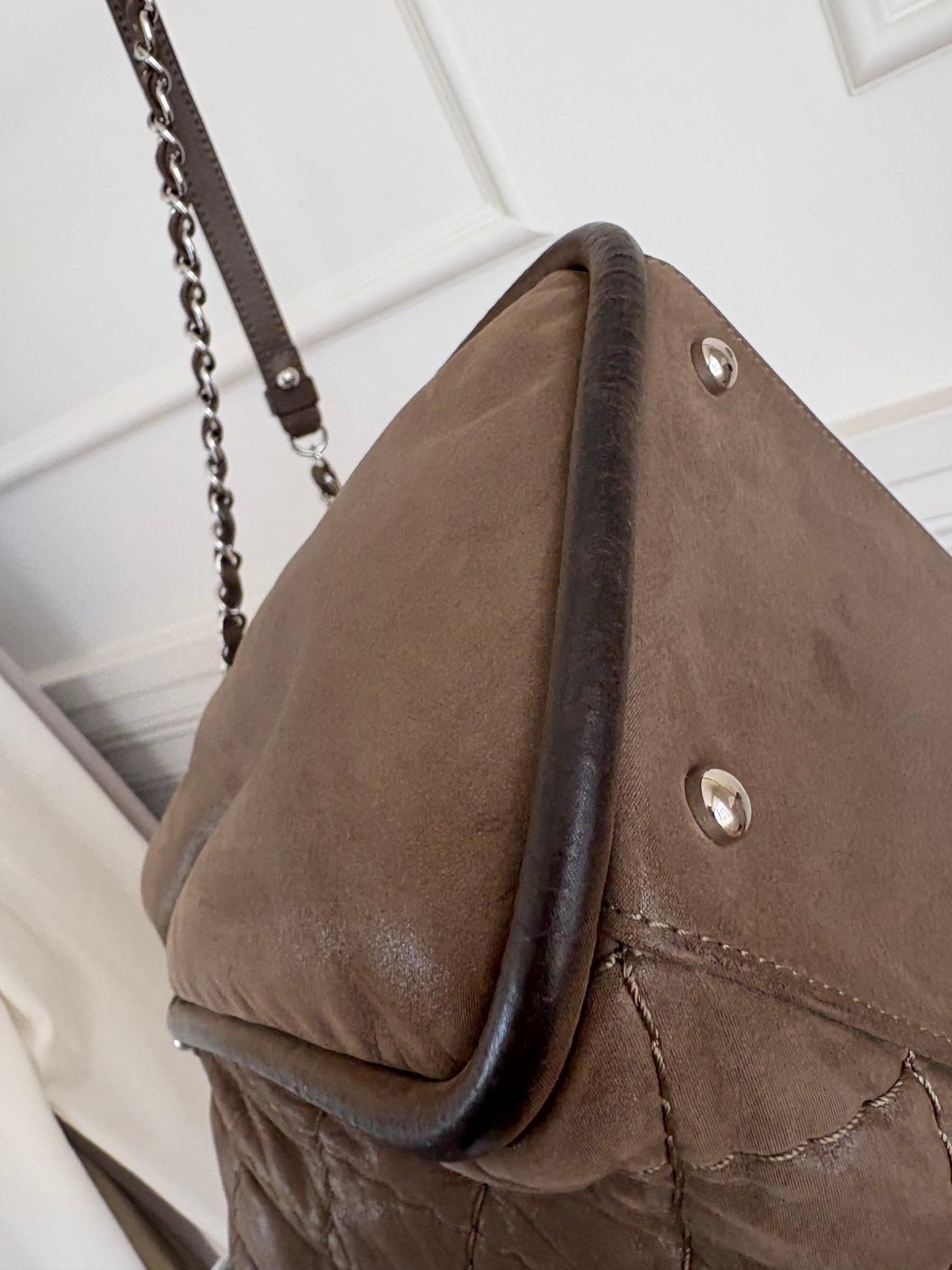 Chanel Taupe Coated Quilted Shoulder Tote