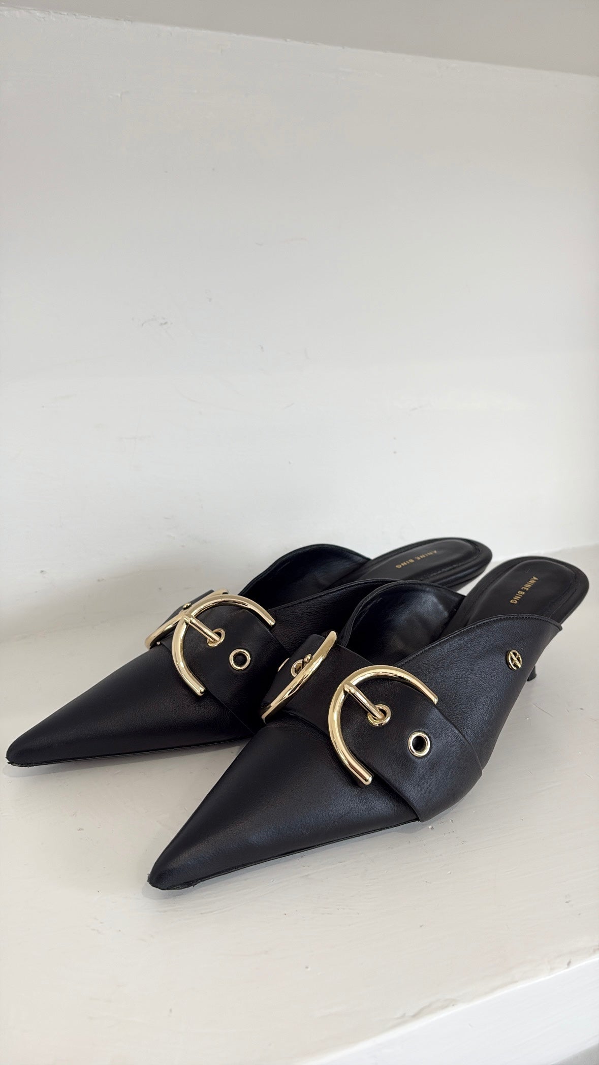 Anine Bing Black Leather Pointed Buckle Mules, 38