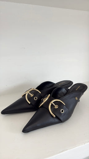 Anine Bing Black Leather Pointed Buckle Mules, 38
