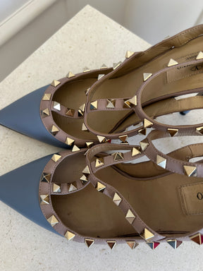Valentino Garavani Blue and Beige Rockstud Caged Pumps, 39