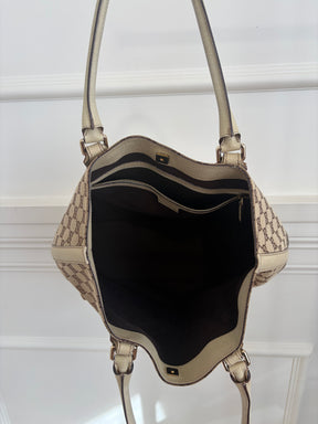 Gucci Canvas Monogram and Cream Leather Horsebit Hasler Tote