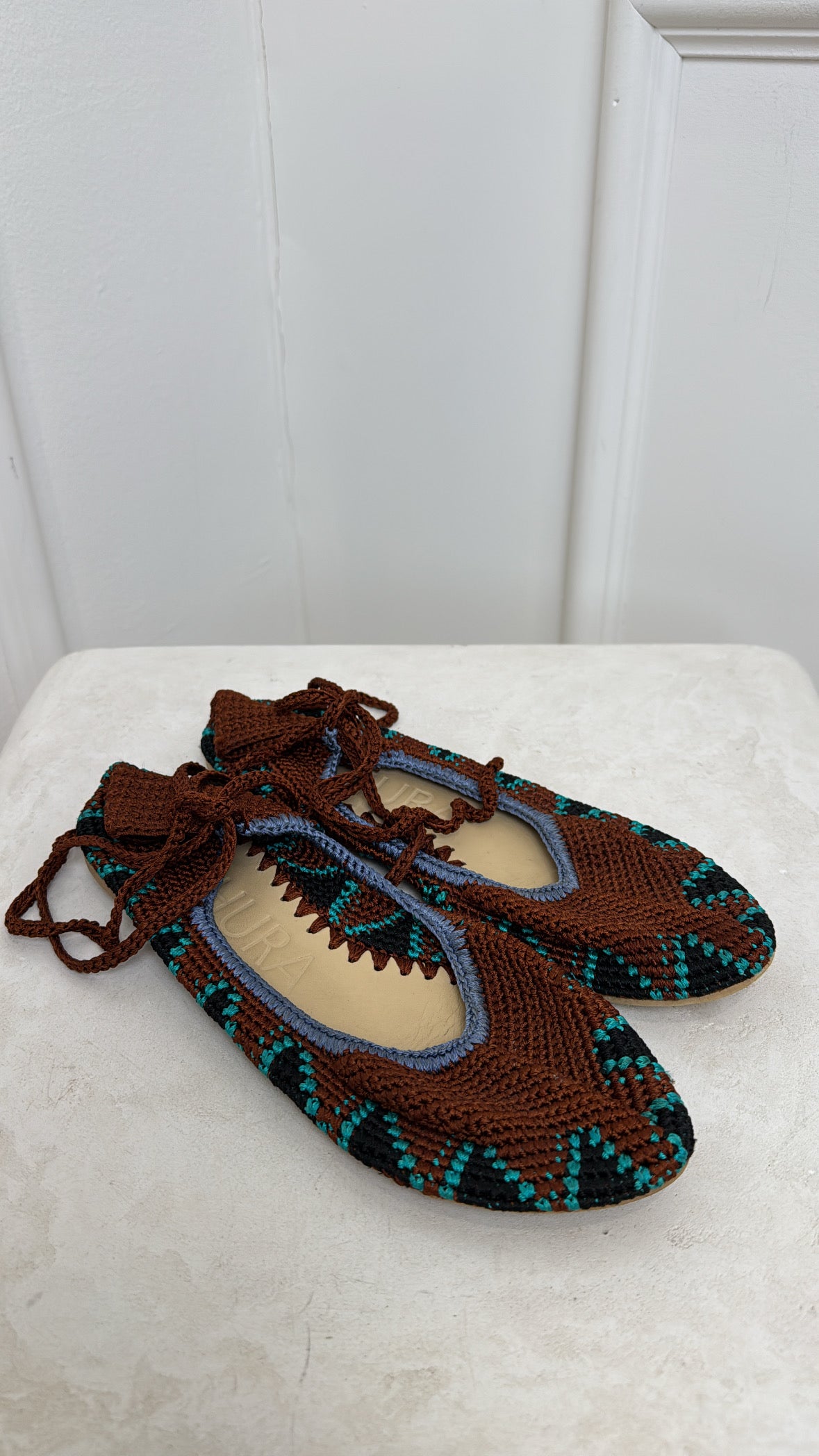 Kashura Brown Crochet Ankle Tie Flats, 9