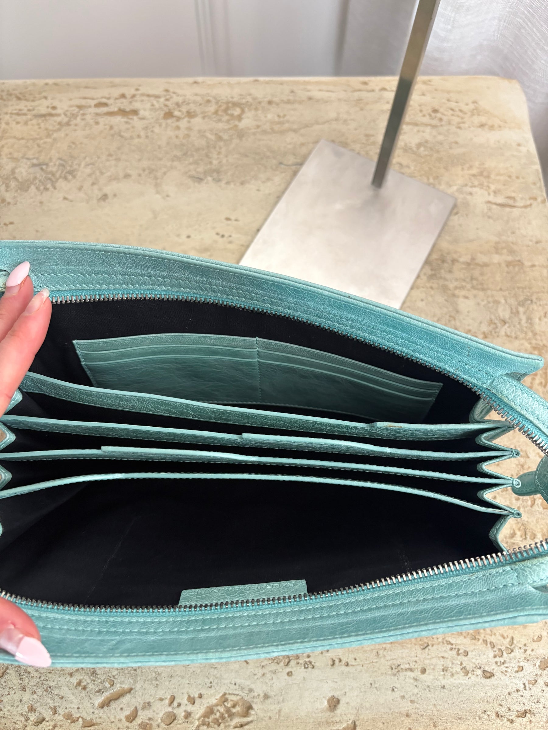 Balenciaga Mint Green Leather City Travel Clutch