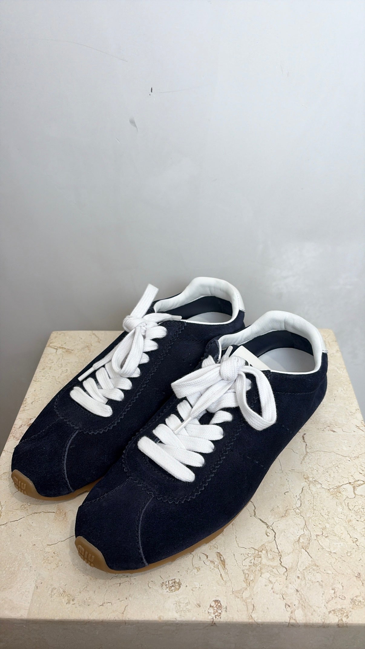 Miu Miu Navy Suede Logo Sneaker, 38