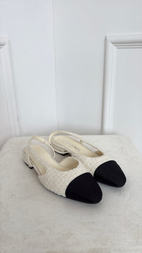 Chanel Cream Tweed and Black Slingback Flats, 36C