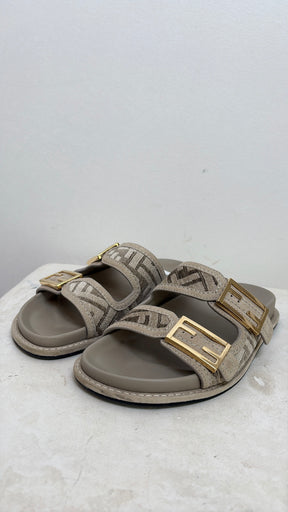 Fendi Beige and Taupe Velvet Feel Slides, 36