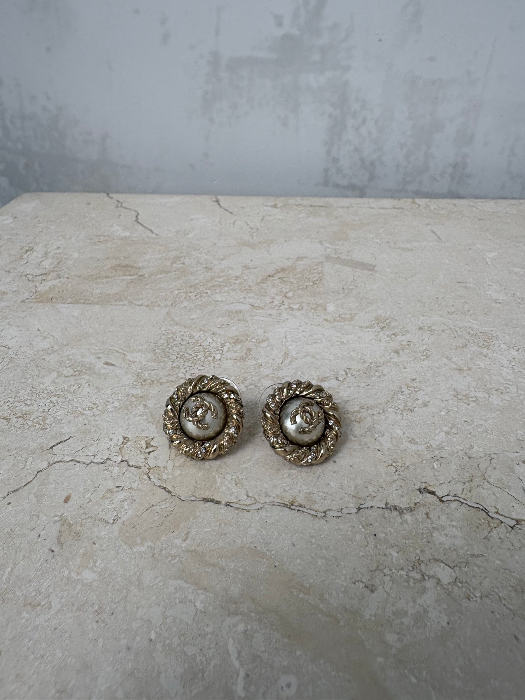 Chanel Gold and Pearl CC Stud Earrings